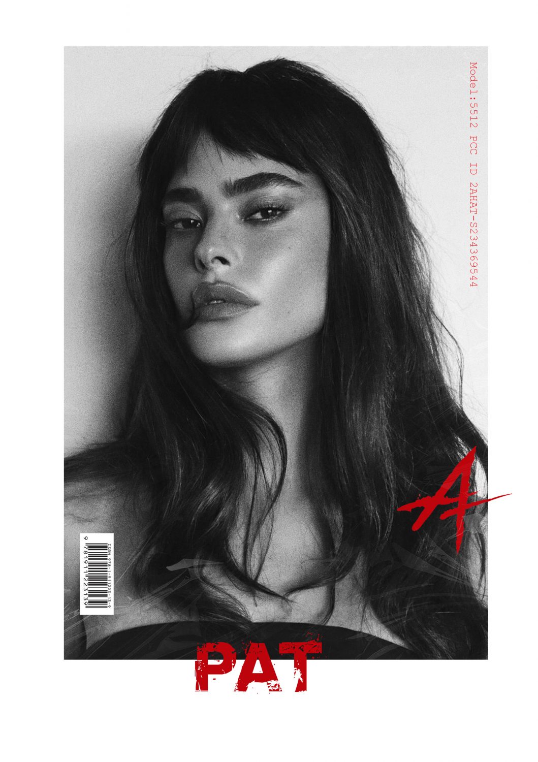 Black-and-white magazine cover featuring a close-up portrait of a woman with long dark hair and a red graphic logo at the bottom right.