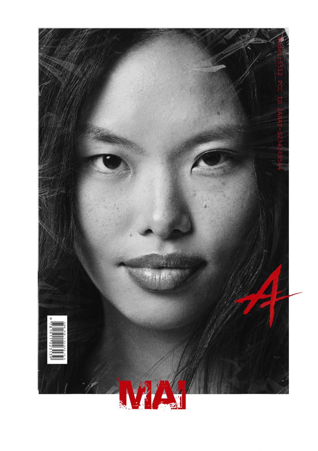 Close-up black-and-white portrait of a woman's face on a magazine cover with red graphic elements and a barcode along the edge.