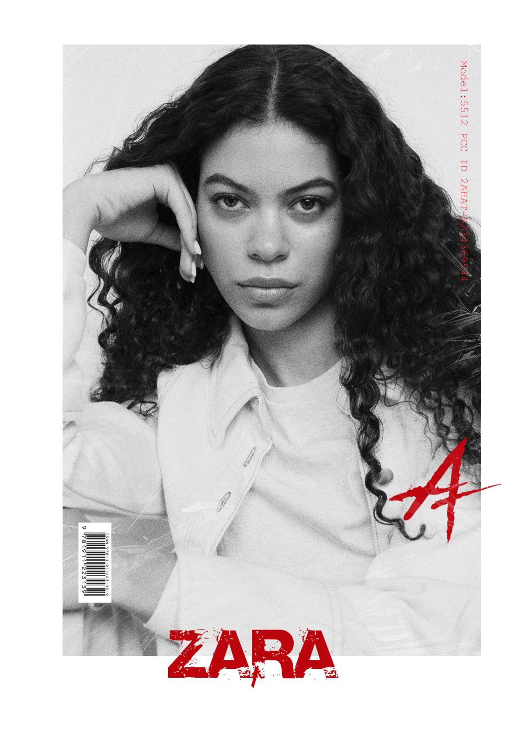 Black-and-white portrait of a woman with long curly hair wearing a light jacket; red ZARA logo at the bottom.