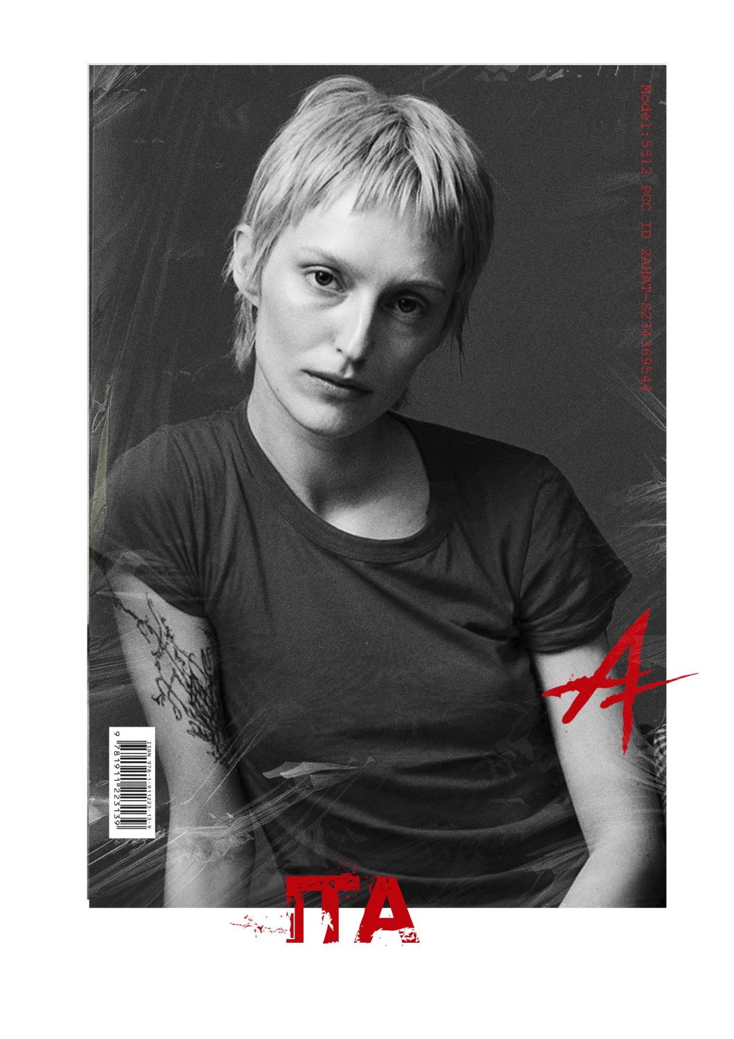 Black-and-white portrait of a young person with short blond hair, wearing a dark T-shirt, looking at the camera with a neutral expression, red graphic elements visible on the cover edge.