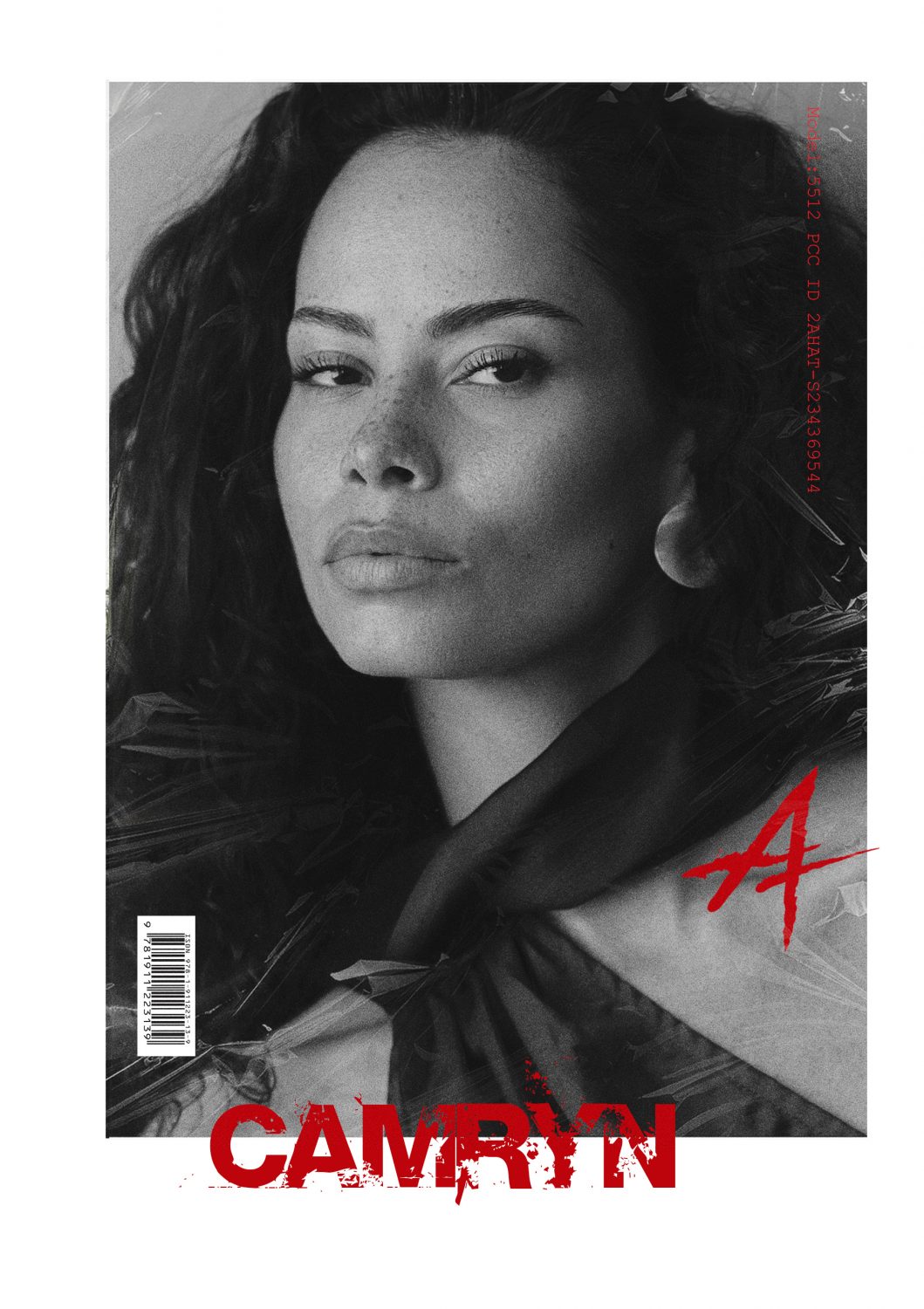 Black-and-white close-up portrait of a woman with curly hair, looking off to the left, with red cover graphics and a large red A on the bottom right of the cover.