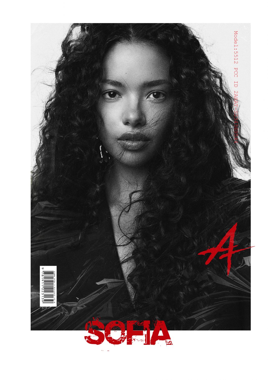 Black-and-white magazine cover featuring a close-up portrait of a woman with long curly hair; red 'SOFIA' title at the bottom and vertical model text along the right edge, plus a barcode on the lower left corner.