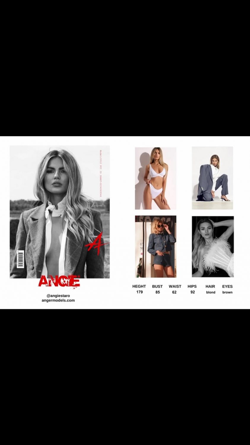 Model comp card: large black-and-white portrait on left with blazer, red 'ANGER' text; grid of smaller photos on right with measurements listed below.