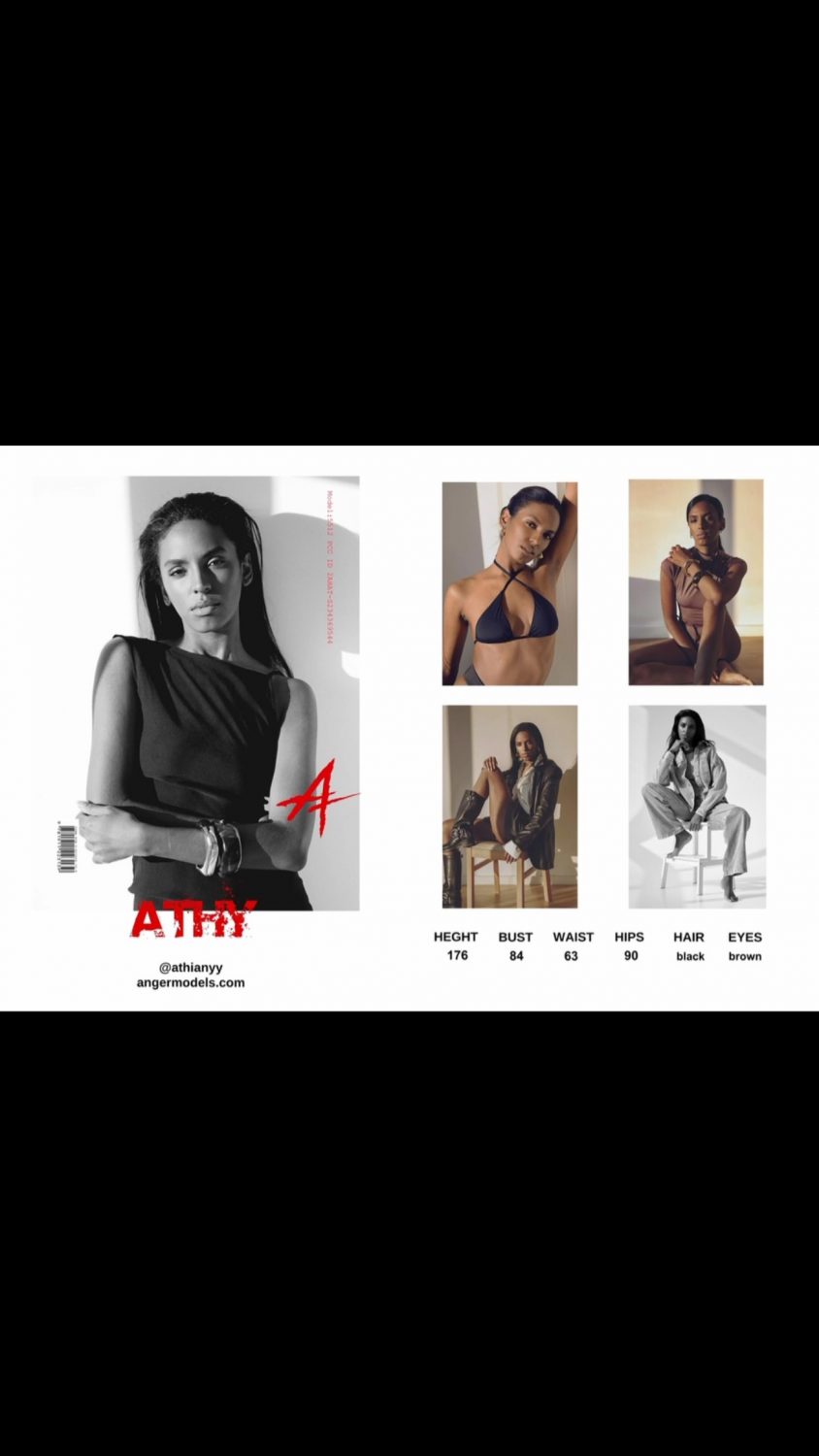 Modeling composite: left black-and-white cover photo of a woman, red logo text, social handle; right side shows a grid of six fashion photos with measurements listed below.