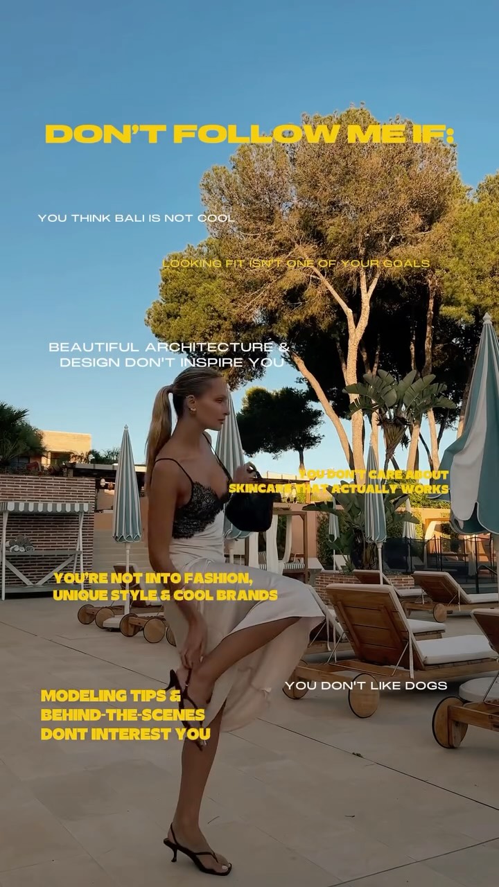 Model in a white dress and black lace top standing by a pool, with bold yellow promotional text overlays about fashion and design.