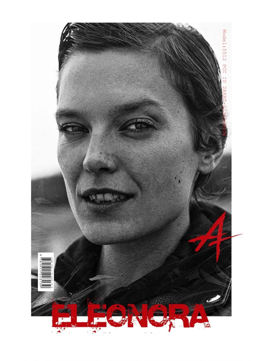 Black-and-white close-up portrait of a woman on a film poster, with bold red 'ELEONORA' at the bottom and a red stylized 'A' mark; barcode on left.