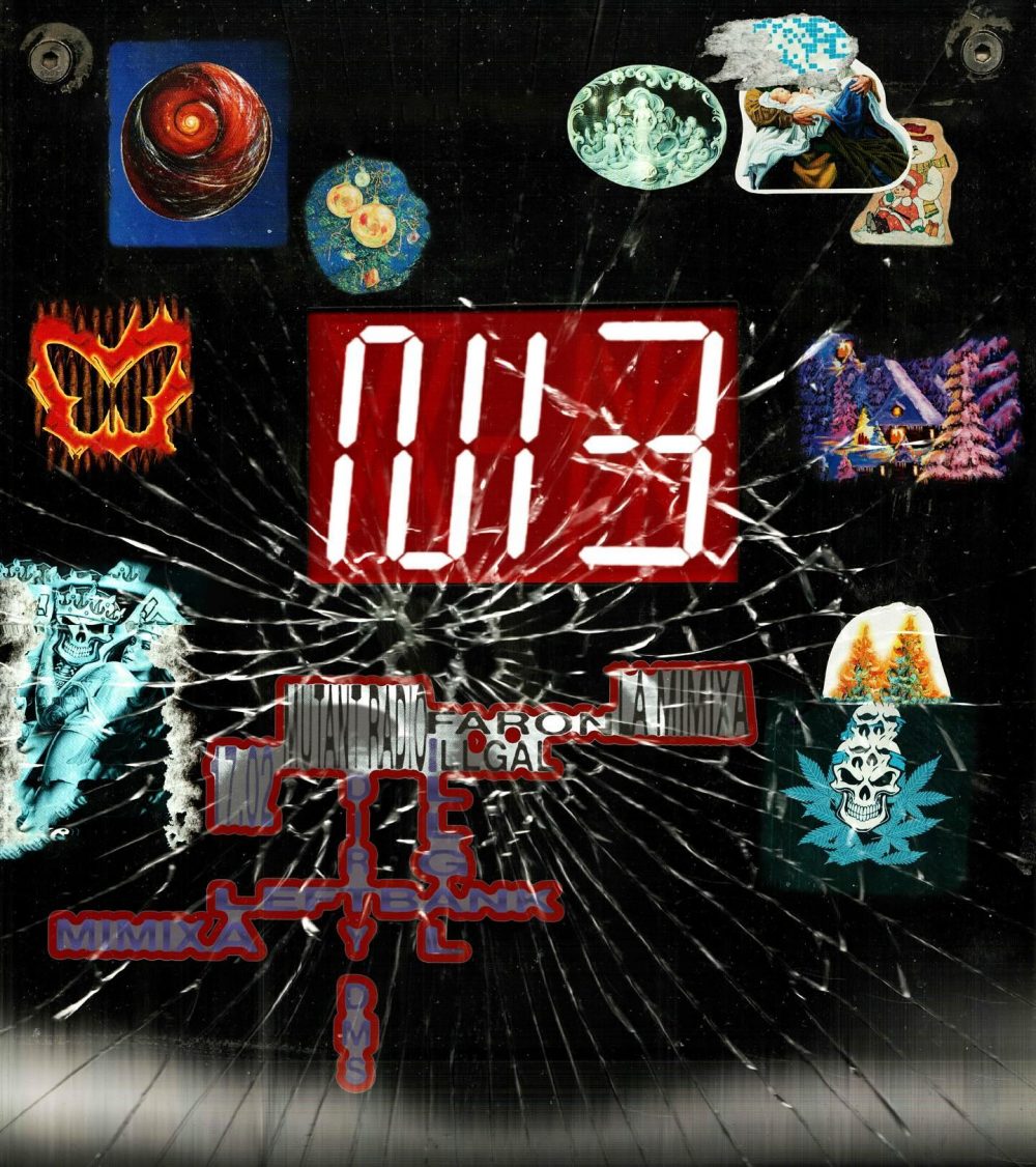 Decorative collage of stickers on a cracked black surface, with a bright red digital display in the center and various colorful images around it.