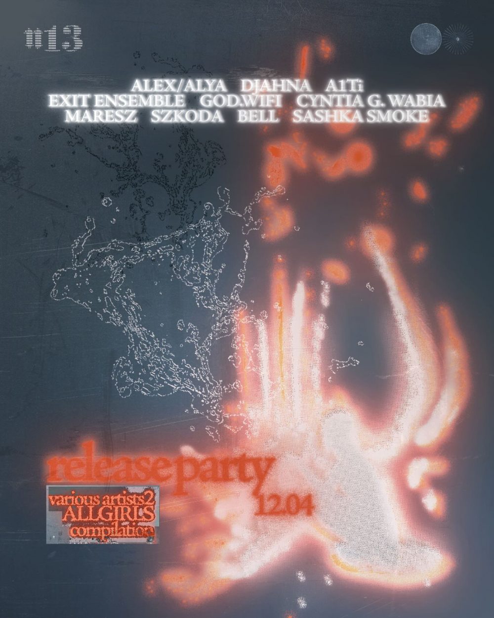 Neon white list of artist names across a dark textured background with orange flame-like glow and faint world map lines.