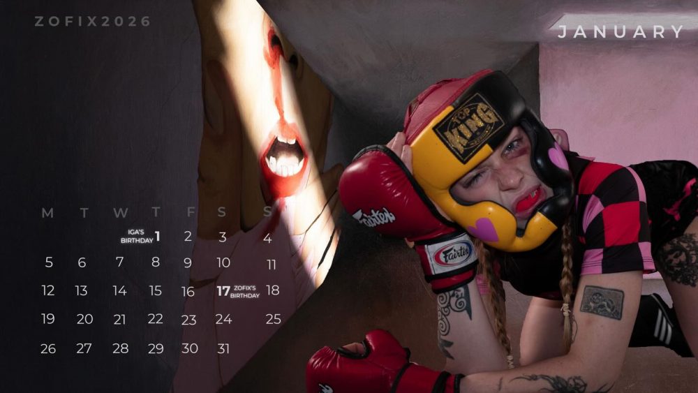 January calendar page with a boxing-themed collage: a woman’s scream on the left and a boxer on the right wearing yellow-pink headgear, January text at top corners, ZOFIX2026 watermark left.