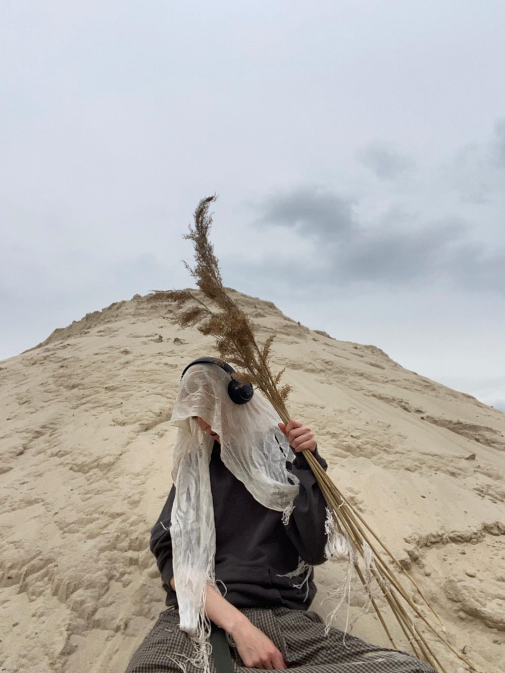 Person sitting on a sandy dune, holding tall dried plant stems and wearing a scarf and headphones, with a cloudy sky behind.