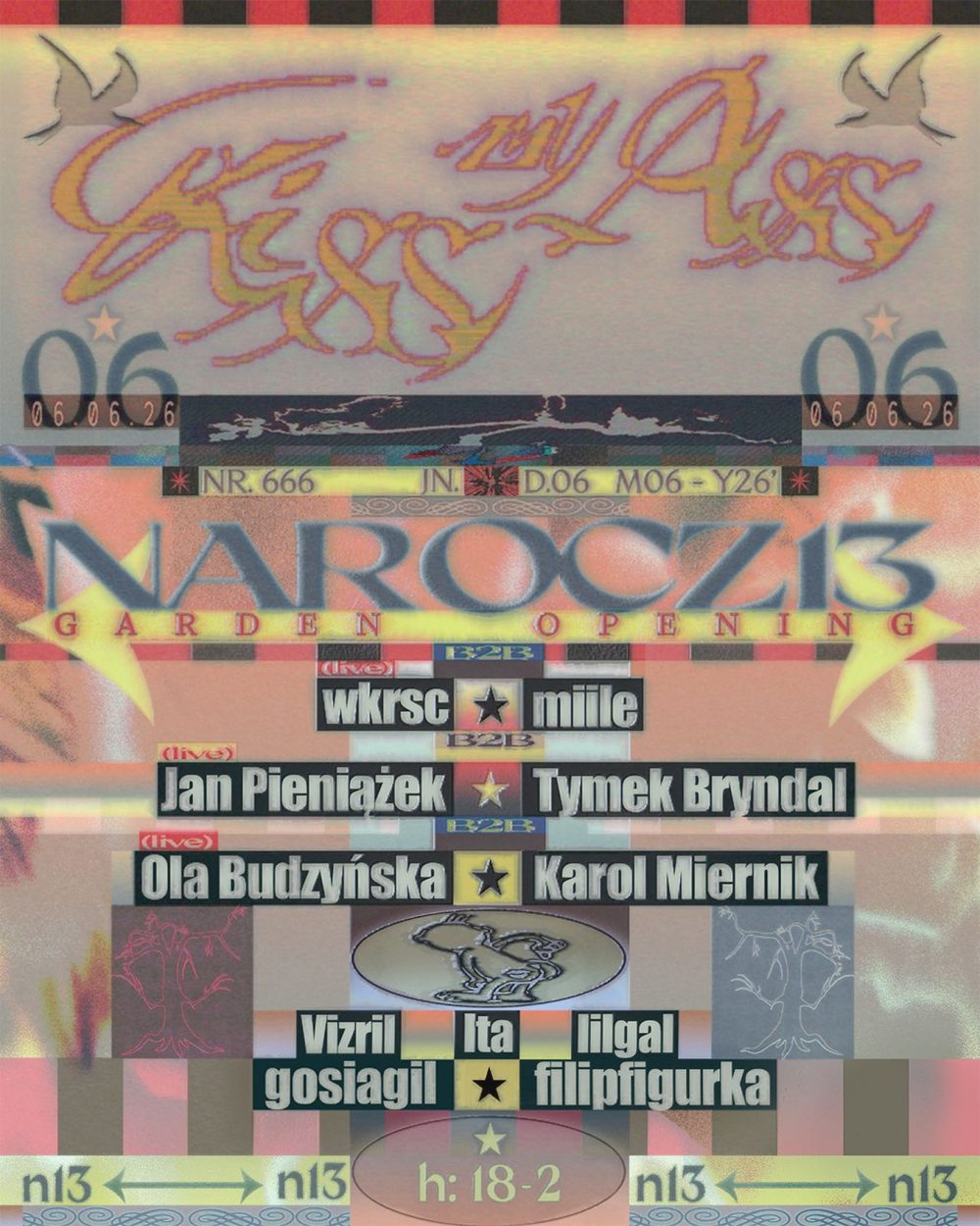 Colorful collage poster for a Garden Opening event with large stylized text, birds, and a list of performers (Jan Pieniazek, Tymek Bryndal, Ola Budzyńska, Karol Miernink).