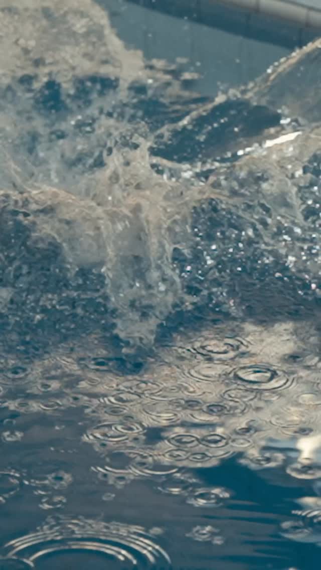 Close-up of a blue pool surface with circular ripples from falling rain near the edge.