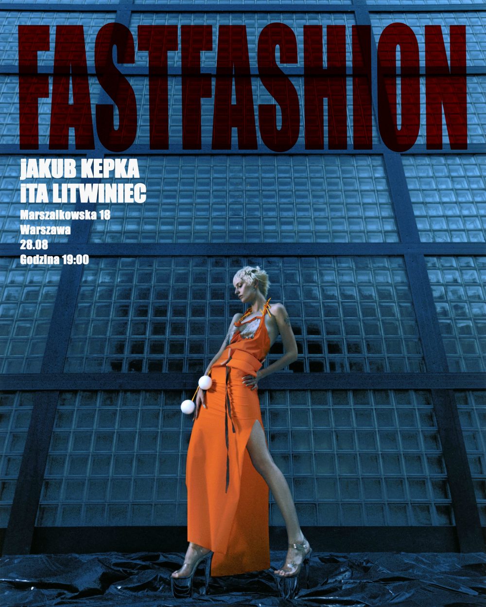 Large red 'FASHIONTION' text across a blue glass wall; a woman in an orange dress poses in the foreground, fashion poster.