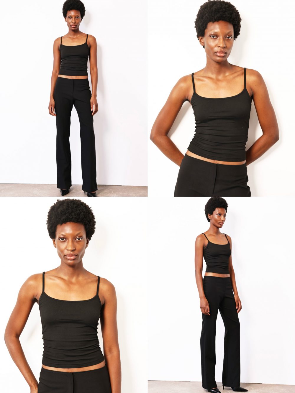 Collage of a Black woman in a black tank top and black wide‑leg pants posing against a white wall.