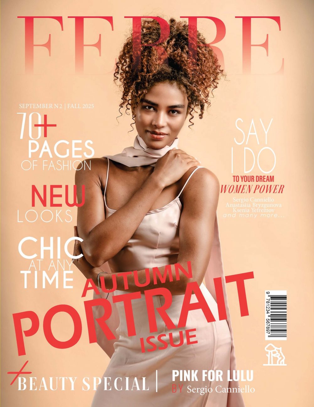 Magazine cover showing a woman with curly hair in a pale pink satin dress against a peach background, with bold red PORTRAIT typography and fashion headlines scattered across the page.