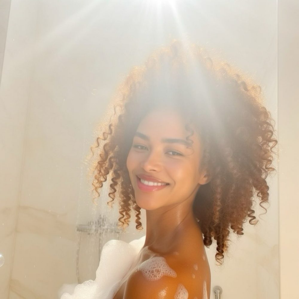 Smiling woman with curly hair in a shower, surrounded by soap bubbles and soft light.