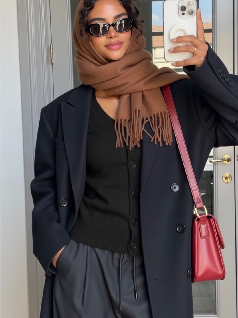 Person wearing a black blazer over a knit cardigan, black pants, and a brown scarf, taking a mirror selfie with a white phone and a red crossbody bag.