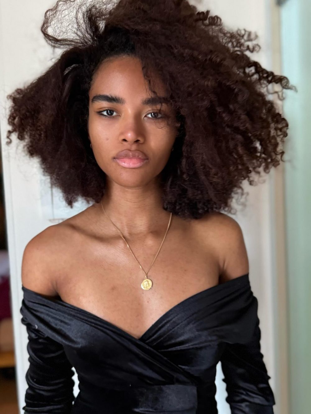 Portrait of a woman with large curly hair wearing an off-shoulder black dress and a gold pendant necklace.