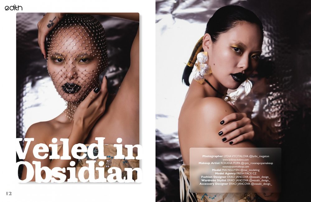 Editorial fashion spread 'Veiled in Obsidian': left model behind a pearl mesh veil with bold makeup, right model in large floral earrings and black lipstick.