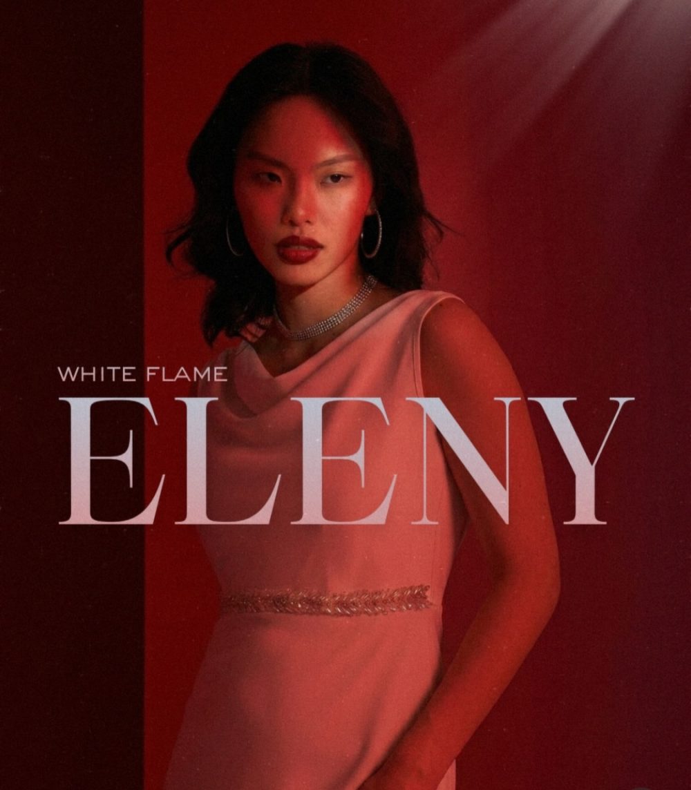 Album cover featuring a woman in a white dress under red lighting; text reads WHITE FLAME ELENY.