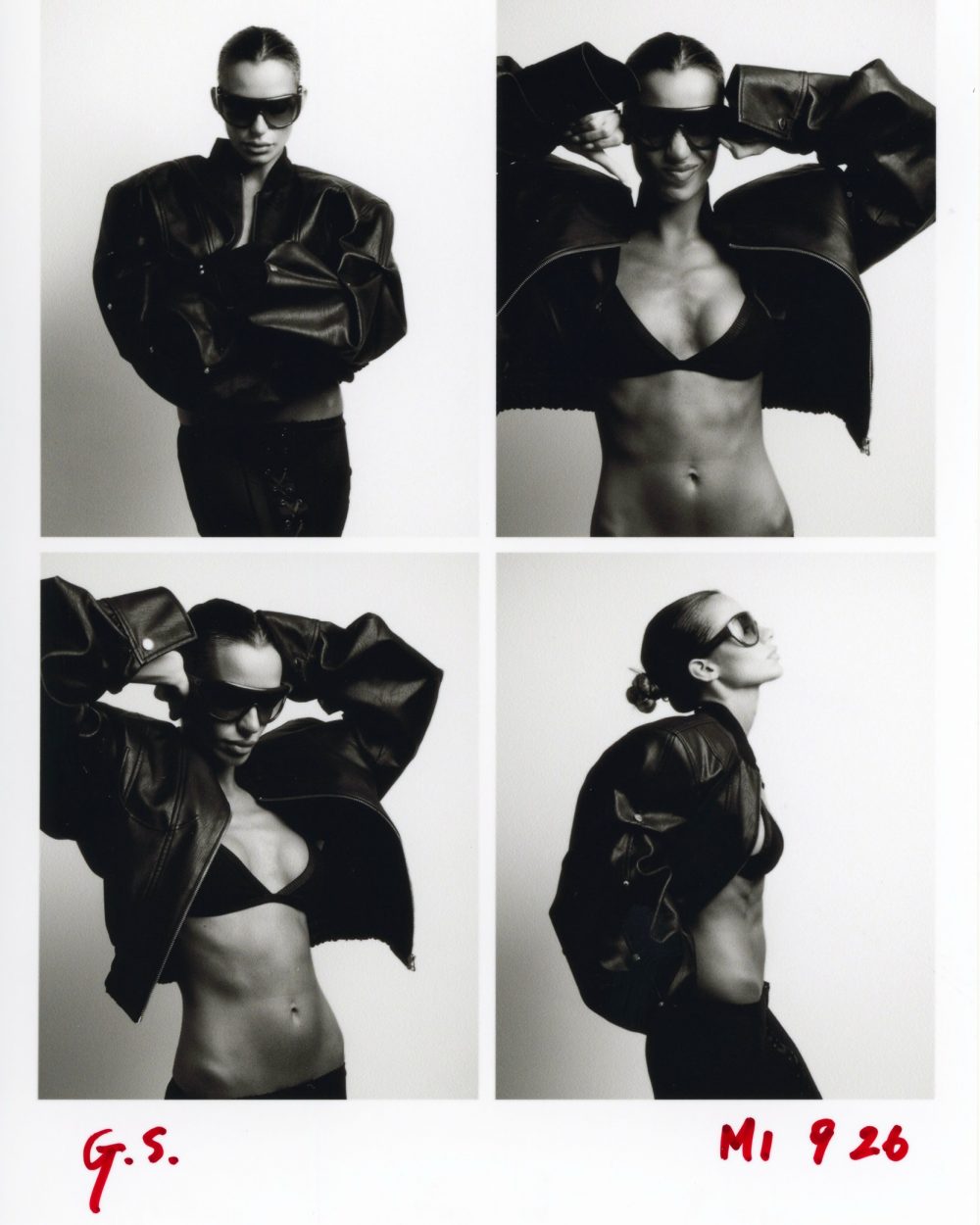 Black-and-white four-panel fashion collage of a female model wearing a leather jacket and sunglasses in different poses.
