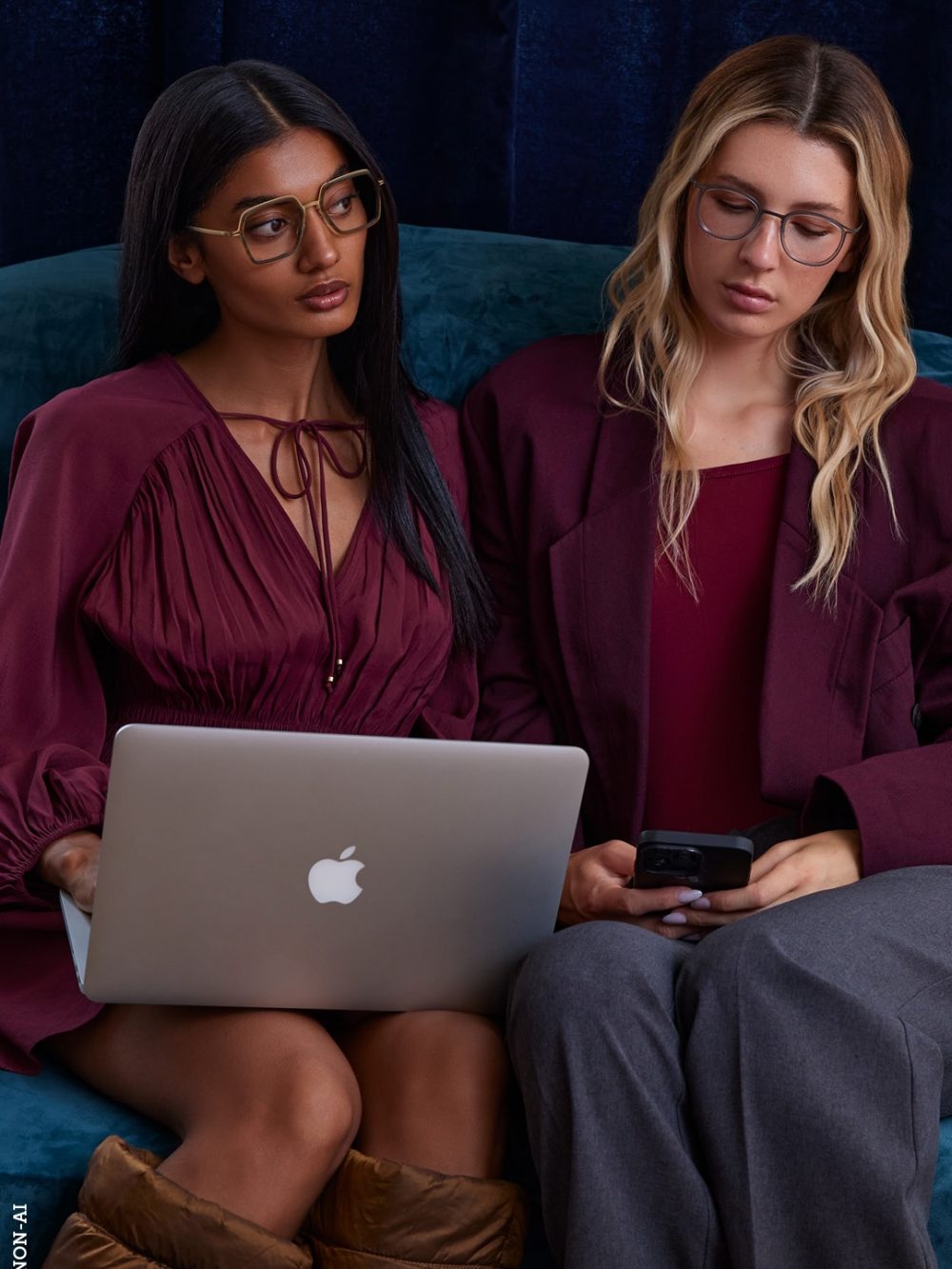 Two women sit on a blue couch: one using a silver MacBook, the other looking at a smartphone.