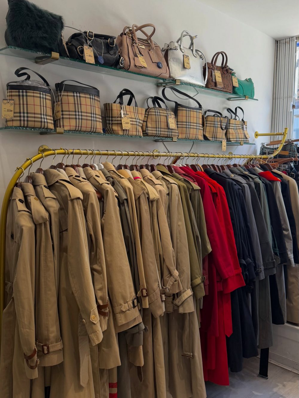 Row of beige trench coats hanging on a rack with assorted handbags on glass shelves above the display area.