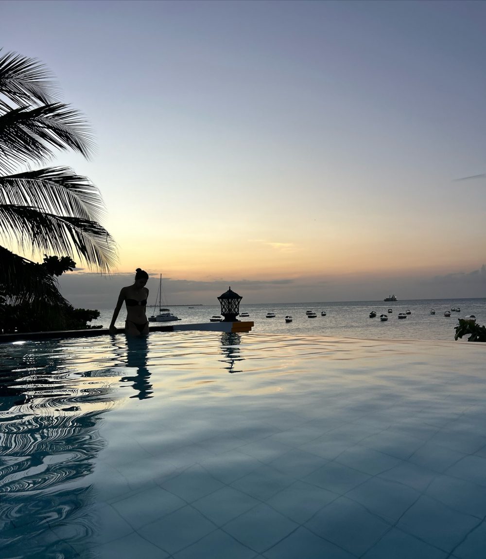 Person in a bikini standing in a pool at sunset with calm sea and distant boats on the horizon, palm fronds on the left.
