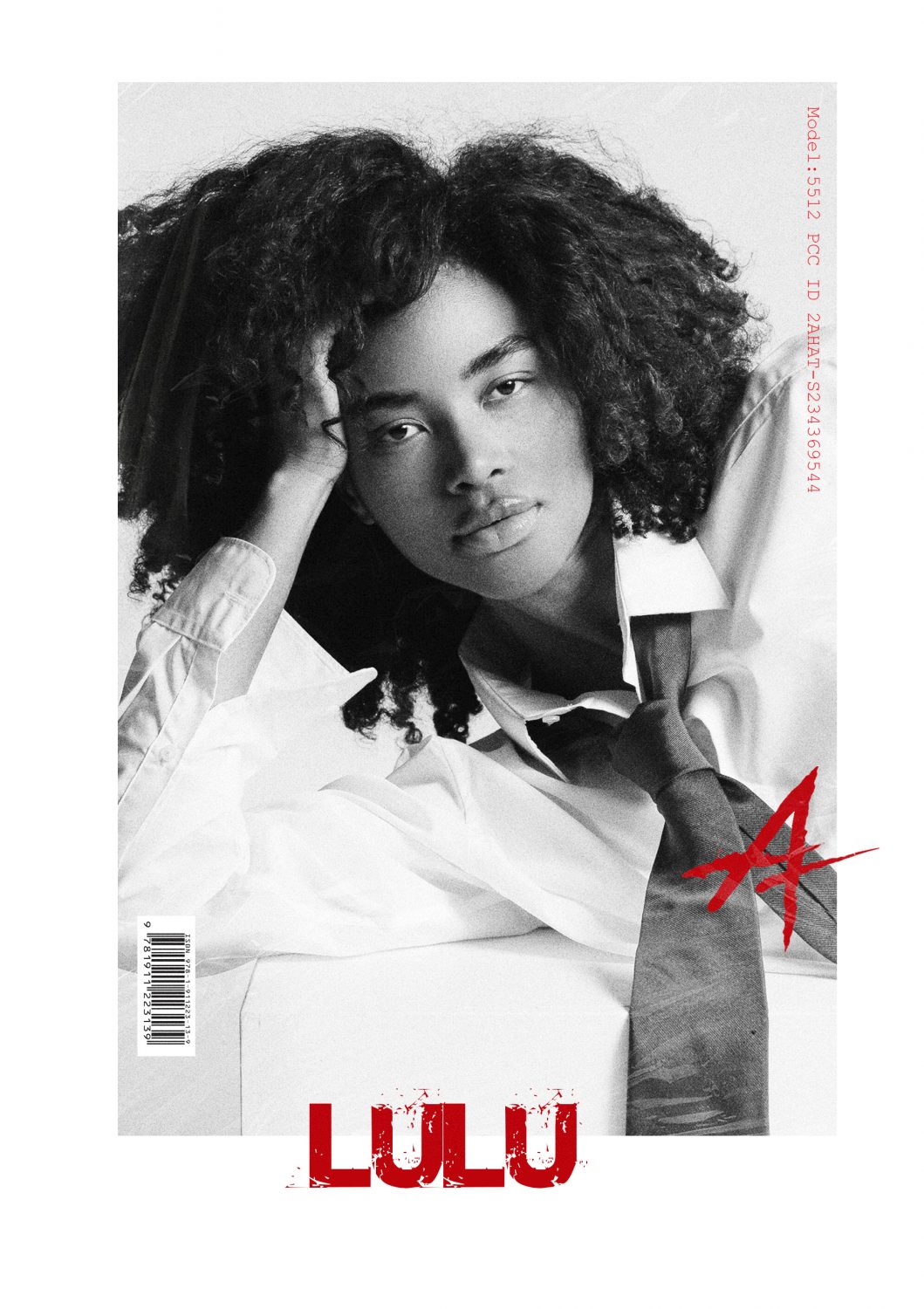 Black-and-white close-up portrait of a young person with large curly hair, wearing a shirt and loosened tie, with red 'LULU' text at the bottom.