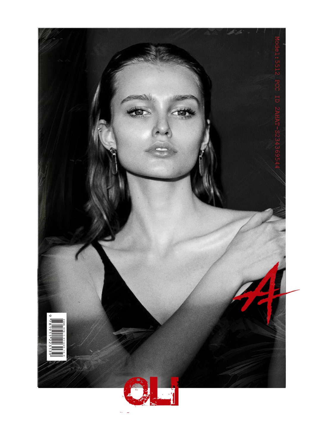 Close-up black-and-white portrait of a woman on a fashion magazine cover with red graphics and a barcode.