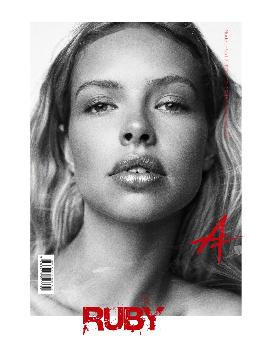 Close-up black-and-white portrait of a woman’s face on a fashion magazine cover, with red typography and a barcode along the edge.