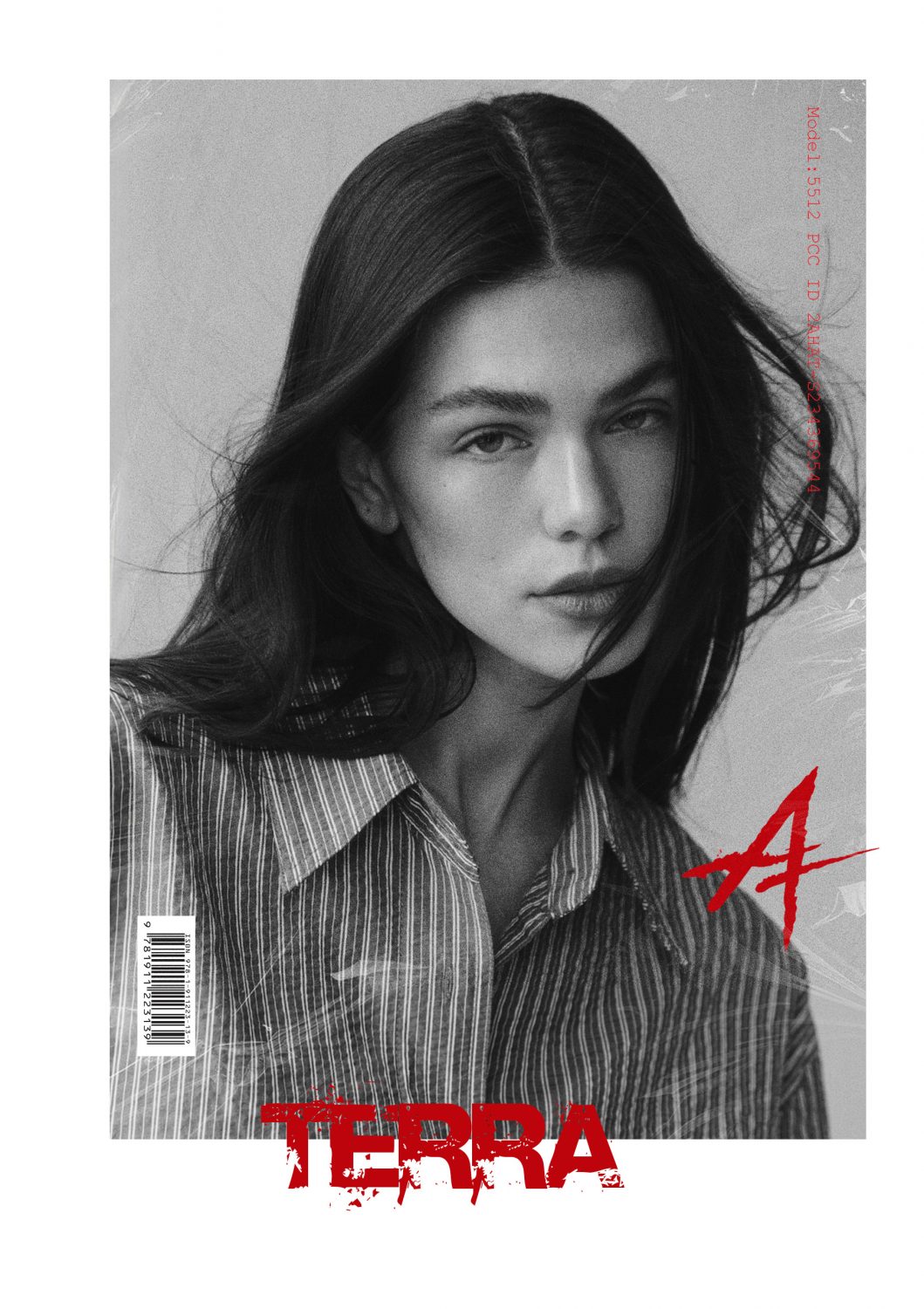 Black-and-white portrait of a woman with long dark hair wearing a striped shirt, on a fashion magazine cover with red typography and a barcode on the left edge.